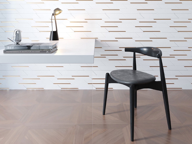 Revestimento Chevron branco com friso na cor cobre de poliestireno Santa Luzia